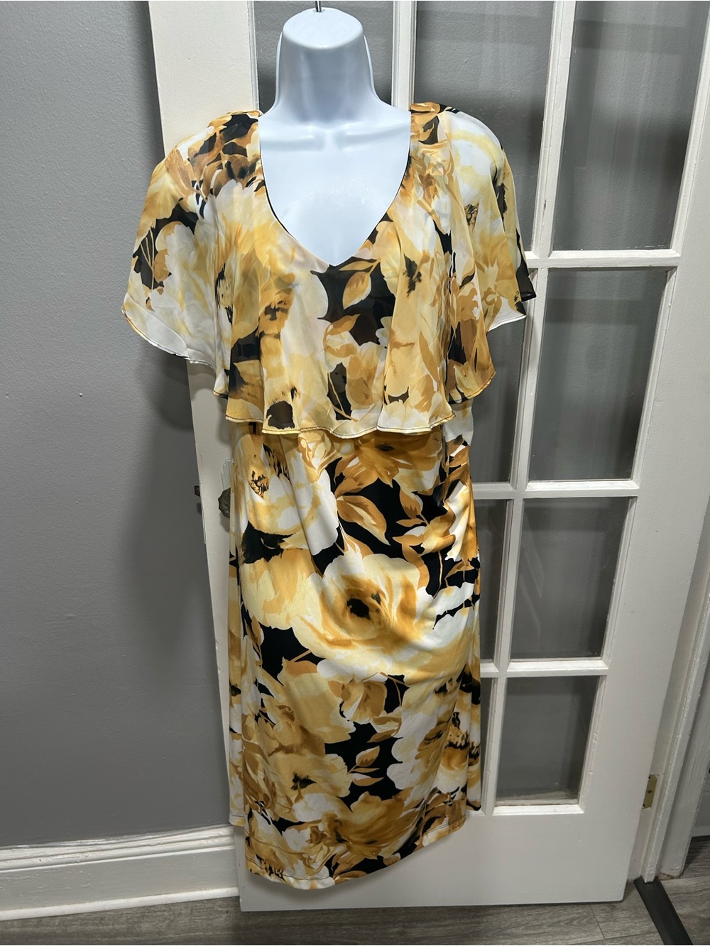 Yellow Floral V-Neck Midi Dress with Flutter Overlay